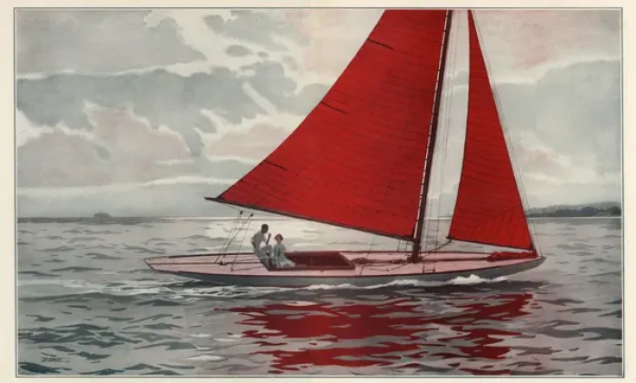 Framed Print : Red Wings. A couple relax on a striking red-sailed yacht.. 1928 Framed Print : Red Wings. A couple relax on a striking red-sailed yacht.. 1928