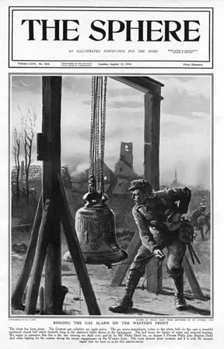 Framed Print : Ringing the gas alarm on the Western Front by Philip Dadd