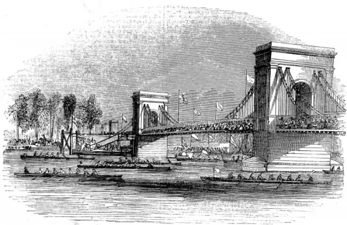 Framed Print : Rowing Boats passing under Hammersmith Bridge, London, 1843