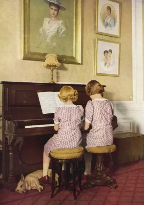 Framed Print : A Royal Duet - Princess Elizabeth and Margaret at the piano