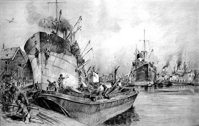 Framed Print : Royal Engineers unloading ships at Surrey Docks, London, 194 Framed Print : Royal Engineers unloading ships at Surrey Docks, London, 194