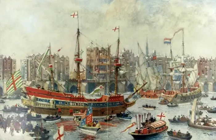 Framed Print : A Royal Galleon in the Pool of London, 16th century Framed Print : A Royal Galleon in the Pool of London, 16th century