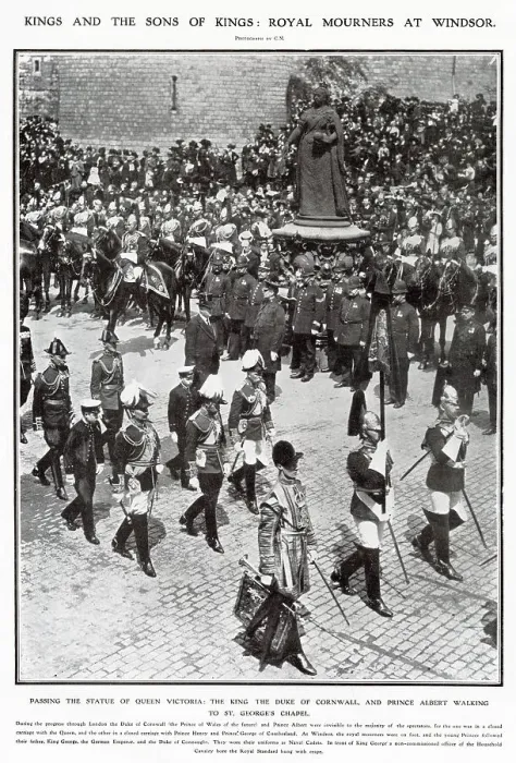 Framed Print : Royal Mourners on foot at Windsor, the new King George V, German Emperor Wilhelm II, Duke of Cornwall and Prince Albert walking to St. Georges Chapel, passing the statue of Queen Victoria. Date: 20th May 1910 Framed Print : Royal Mourners on foot at Windsor, the new King George V, German Emperor Wilhelm II, Duke of Cornwall and Prince Albert walking to St. Georges Chapel, passing the statue of Queen Victoria. Date: 20th May 1910