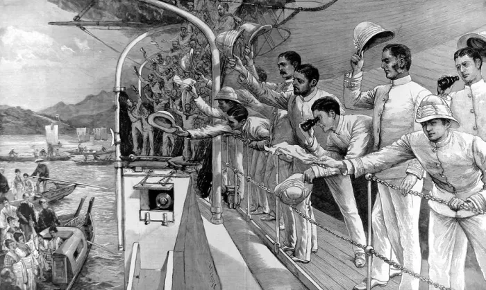 Framed Print : A Royal Navy Ship Waving Goodbye to Japan, 1890 Framed Print : A Royal Navy Ship Waving Goodbye to Japan, 1890