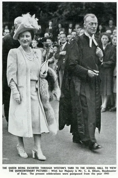 Framed Print : A Royal visit to Eton College by The King and Queen, Queen Elizabeth escorted through Weston's Yard by Headmaster Claude A Elliott Date: 1947
