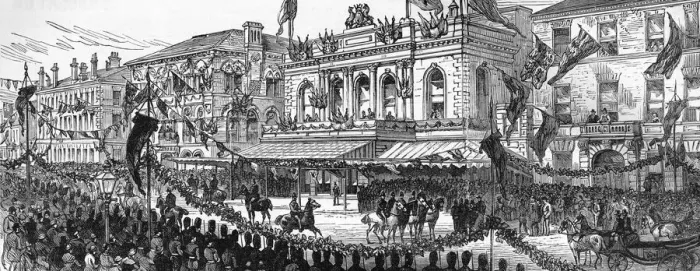 Framed Print : The Royal Visit to Ireland, 1885 - Belfast street scene Framed Print : The Royal Visit to Ireland, 1885 - Belfast street scene