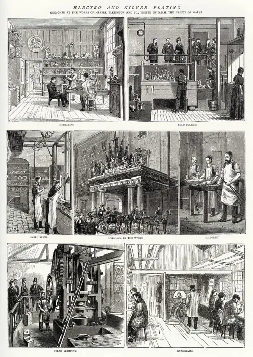 Framed Print : Royal visit by Prince and Princess of Wales (later King Edward VII and Queen Alexandra) to Elkington factory in Birmingham, where electro and silver plating where made. Date: 1874