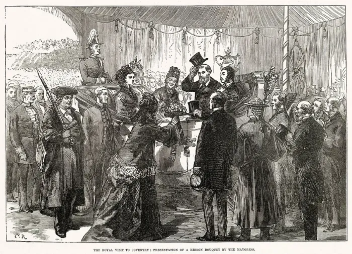 Framed Print : Royal visit by Prince and Princess of Wales (later King Edward VII and Queen Alexandra) to Mr. Joseph Gillott, steel pens manufacture in West Midlands, Birmingham. Presentation of a ribbon bouquet by the Mayoress. Date: 1874 Framed Print : Royal visit by Prince and Princess of Wales (later King Edward VII and Queen Alexandra) to Mr. Joseph Gillott, steel pens manufacture in West Midlands, Birmingham. Presentation of a ribbon bouquet by the Mayoress. Date: 1874