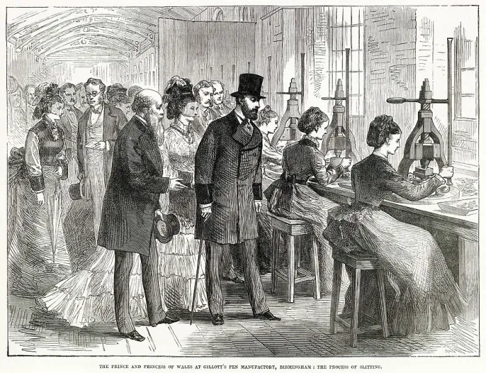 Framed Print : Royal visit by Prince and Princess of Wales (later King Edward VII and Queen Alexandra) to Mr. Joseph Gillott, steel pens manufacture in West Midlands, Birmingham. Been show the process of slitting. Date: 1874 Framed Print : Royal visit by Prince and Princess of Wales (later King Edward VII and Queen Alexandra) to Mr. Joseph Gillott, steel pens manufacture in West Midlands, Birmingham. Been show the process of slitting. Date: 1874
