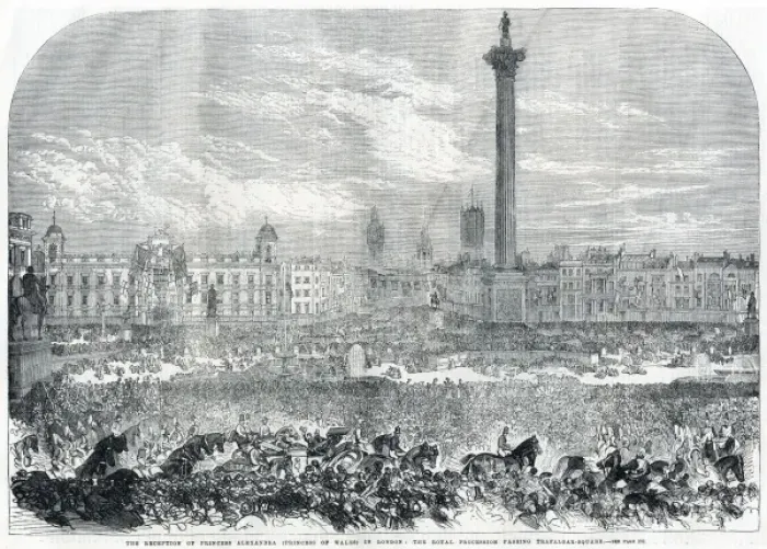 Framed Print : Royal wedding 1863 - procession passing through Trafalgar Sq Framed Print : Royal wedding 1863 - procession passing through Trafalgar Sq