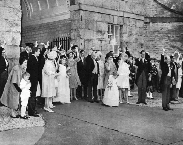 Framed Print : Royal Wedding 1961 - guests wave farewell Framed Print : Royal Wedding 1961 - guests wave farewell