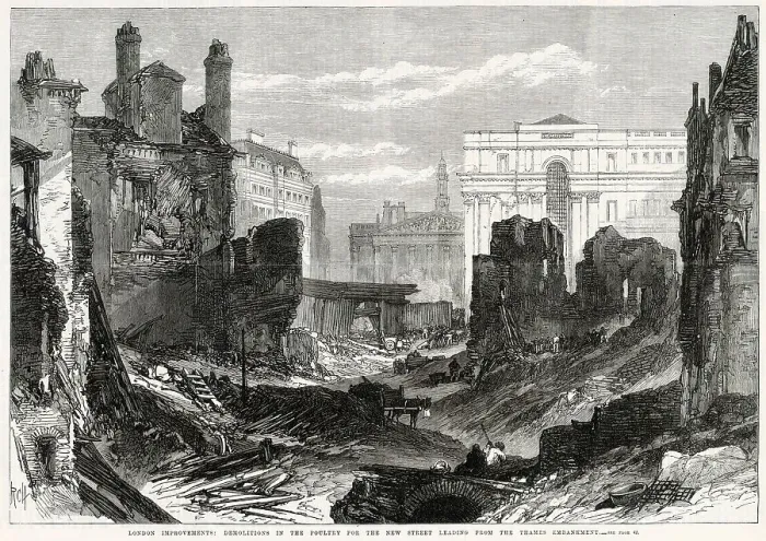 Framed Print : Ruins of some buildings demolished in the Poultry area of London, to make way for a new street leading to the Thames Embankment. Date: 1869 Framed Print : Ruins of some buildings demolished in the Poultry area of London, to make way for a new street leading to the Thames Embankment. Date: 1869