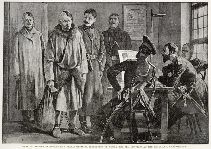Framed Print : Russian convict in Siberia. Official inspecting new convicts at the Perasilny Framed Print : Russian convict in Siberia. Official inspecting new convicts at the Perasilny