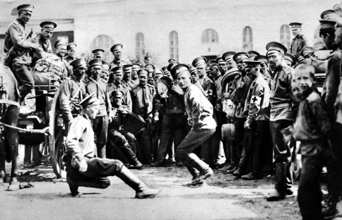 Framed Print : Russian soldiers celebrating good news from the front with dance and music Framed Print : Russian soldiers celebrating good news from the front with dance and music