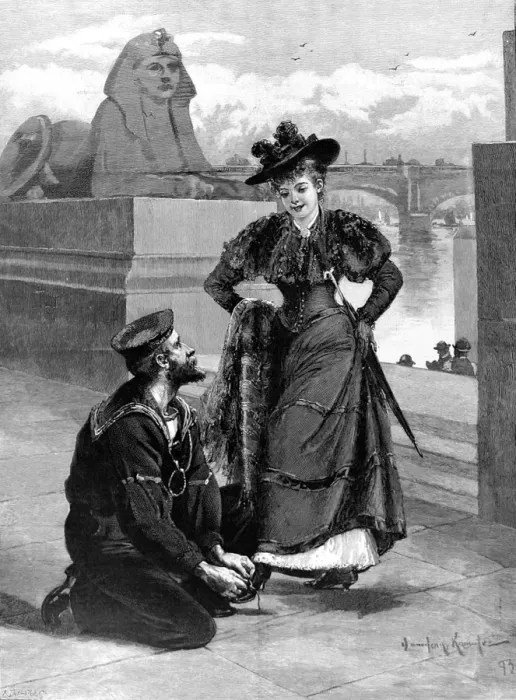 Framed Print : Sailor tying a ladies shoe, Thames Embankment, 1893 Framed Print : Sailor tying a ladies shoe, Thames Embankment, 1893