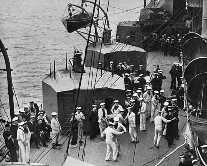 Framed Print : Sailors dancing to ships band on deck, WW1