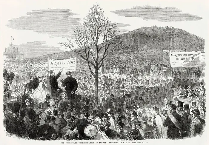 Framed Print : Samuel Phelps planting the young oak tree at the foot of Primrose Hill, London, to honour the English poet, William Shakespeare. Date: 23rd April 1864 Framed Print : Samuel Phelps planting the young oak tree at the foot of Primrose Hill, London, to honour the English poet, William Shakespeare. Date: 23rd April 1864
