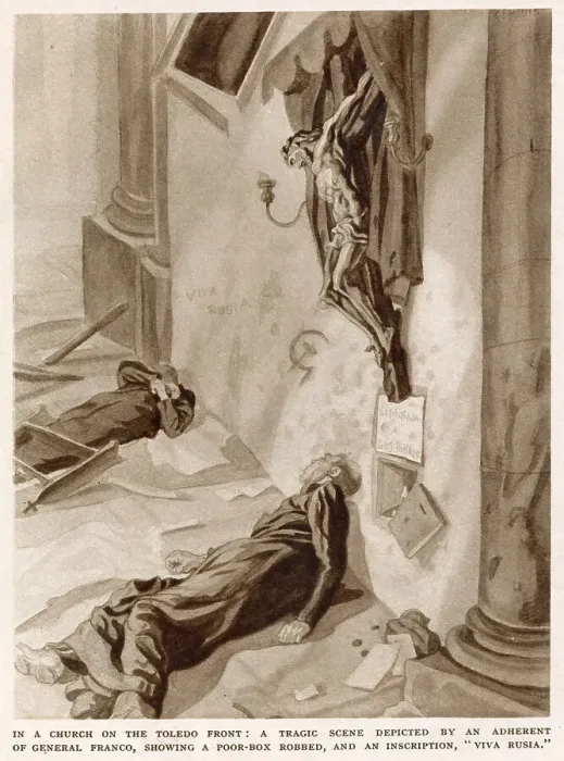 Framed Print : A scene in a church, with the priests dead and the poor-box robbed, during the Spanish Civil War. On the wall, a hammer and sickle motif and the legend Viva Russia has been painted