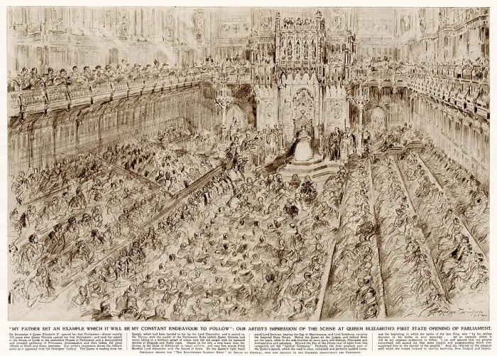 Framed Print : Scene in the House of Lords on 4 November 1952 when Queen Elizabeth II opened her first Parliament and read her first speech, as viewed from the Strangers Gallery. Date: 1952 Framed Print : Scene in the House of Lords on 4 November 1952 when Queen Elizabeth II opened her first Parliament and read her first speech, as viewed from the Strangers Gallery. Date: 1952