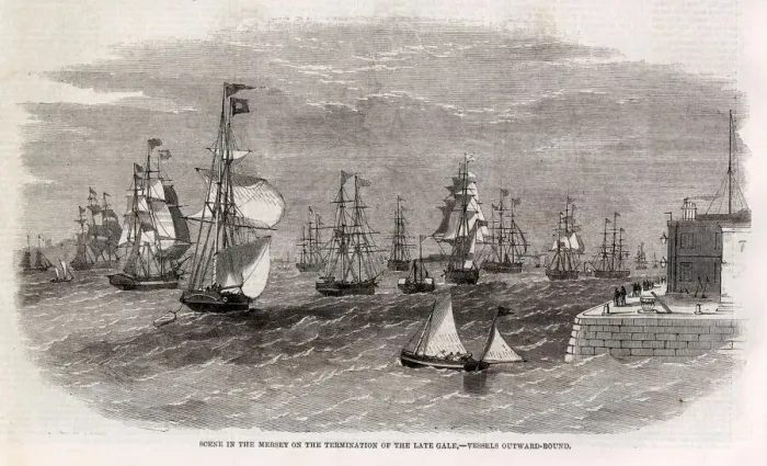 Framed Print : A scene in the Mersey on the termination of the late gale showing vessels outward bound