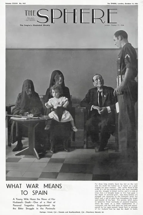 Framed Print : The scene at a Nationalist headquarters as a young widow (centre, with child) hears about her husband's death in action, from one of his former comrades, during the Spanish Civil War, 1936. The widow is seen flanked by her parents. Date: 1936 Framed Print : The scene at a Nationalist headquarters as a young widow (centre, with child) hears about her husband's death in action, from one of his former comrades, during the Spanish Civil War, 1936. The widow is seen flanked by her parents. Date: 1936