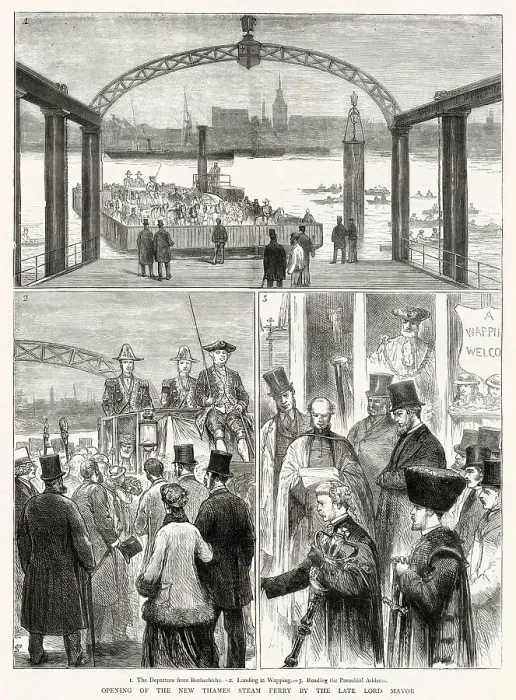 Framed Print : Three scenes during the official opening of the Rotherhithe to Wapping Steam Ferry, London. The images (clockwise from top) show: the ferry departing from Rotherhithe; Reading of the Parochial Address; passengers, including the Lord Mayor of London Framed Print : Three scenes during the official opening of the Rotherhithe to Wapping Steam Ferry, London. The images (clockwise from top) show: the ferry departing from Rotherhithe; Reading of the Parochial Address; passengers, including the Lord Mayor of London