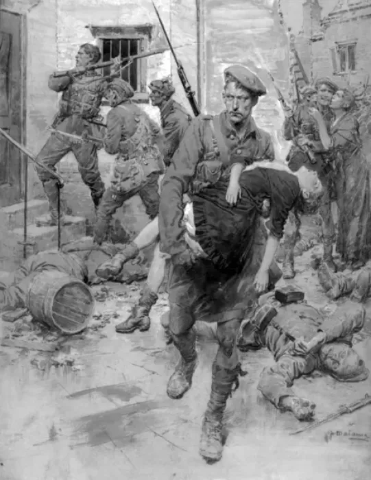 Framed Print : Scottish soldier in Loos rescuing French girl, WW1 Framed Print : Scottish soldier in Loos rescuing French girl, WW1