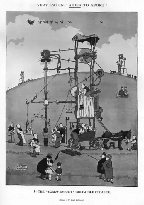 Framed Print : The Screw Em Out golf hole cleaner by Heath Robinson