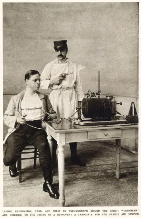 Framed Print : A seated candidate for the French Air Service is subjected to a series of tests to gauge Framed Print : A seated candidate for the French Air Service is subjected to a series of tests to gauge