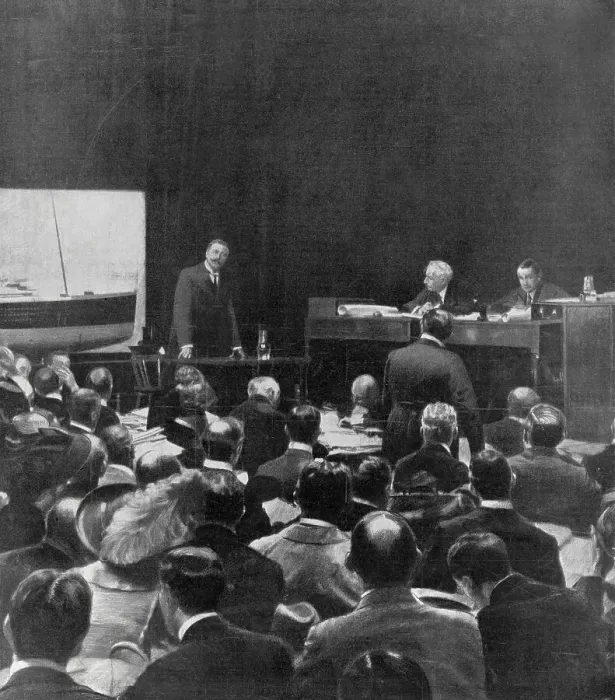 Framed Print : A sensational moment in the Titanic inquiry: Sir Cosmo Duff-Gordon giving evidence in the London Scottish Drill Hall. Date: 1912 Framed Print : A sensational moment in the Titanic inquiry: Sir Cosmo Duff-Gordon giving evidence in the London Scottish Drill Hall. Date: 1912