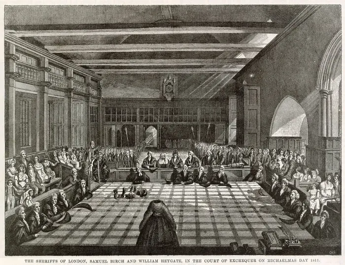 Framed Print : Sheriffs of London, Samuel Birch and William Heygate, in the Court of the Exchequer on Michaelmas Day. Date: 1811 Framed Print : Sheriffs of London, Samuel Birch and William Heygate, in the Court of the Exchequer on Michaelmas Day. Date: 1811