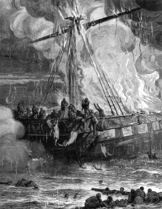 Framed Print : The ship, Cospatrick in flames