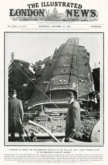 Framed Print : Shrewsbury rail accident, showing the roof of the Great Western Railway coach which was piled up on the top of the engine when train left the rails. Date: October 1907