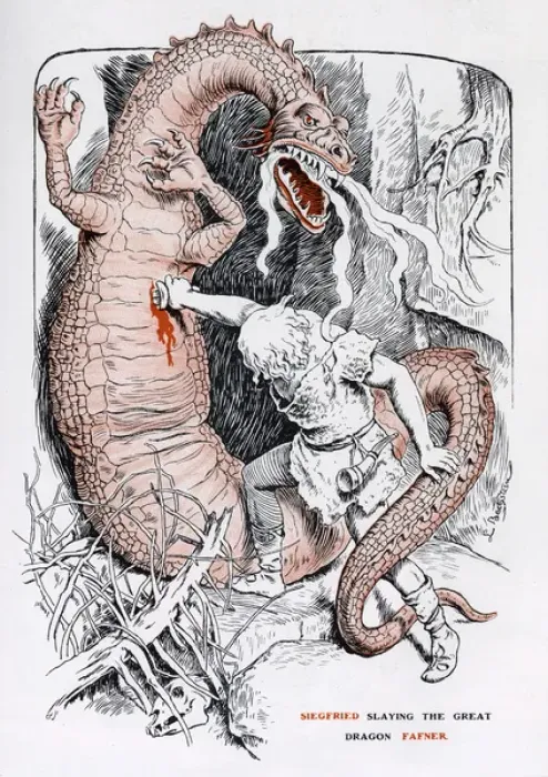 Framed Print : Siegfried slaying the great dragon Fafner Framed Print : Siegfried slaying the great dragon Fafner