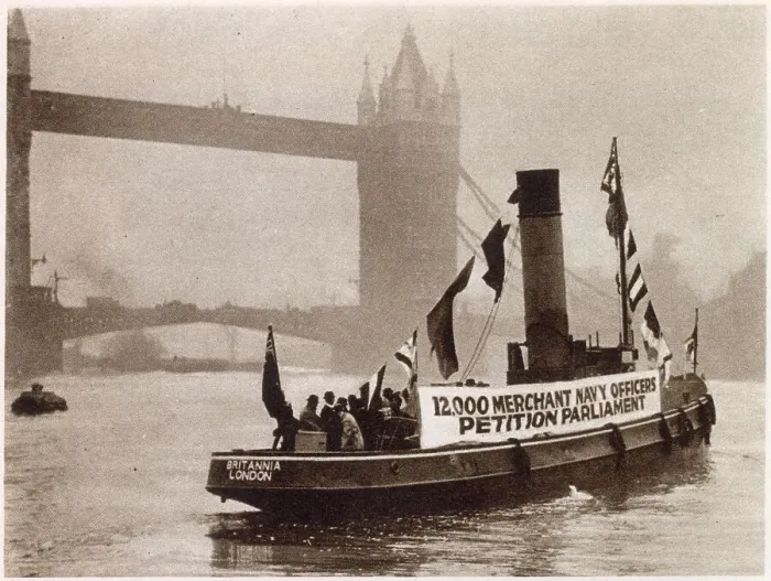 Framed Print : Signed by more than twelve-thousand British Merchant Navy Officers and ten-thousand members of the public. The tug boat Britannia. on the River Thames on its way to Parliament Date: 30th November 1933 Framed Print : Signed by more than twelve-thousand British Merchant Navy Officers and ten-thousand members of the public. The tug boat Britannia. on the River Thames on its way to Parliament Date: 30th November 1933