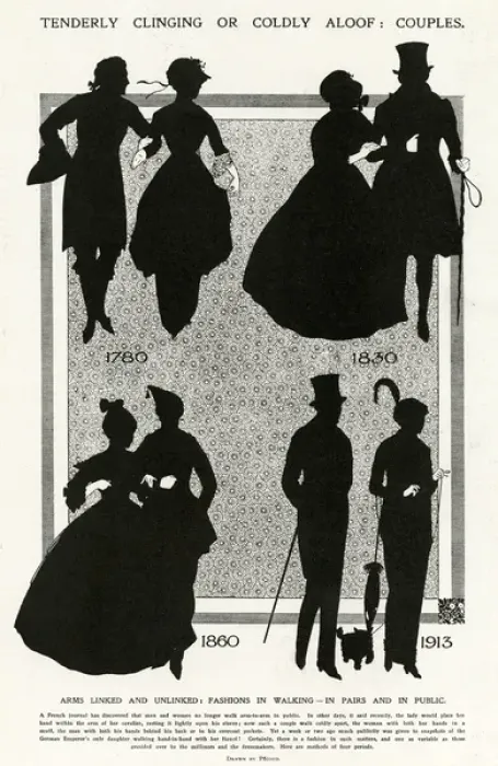 Framed Print : Silhouettes of couples walking arm in arm throungh the ages