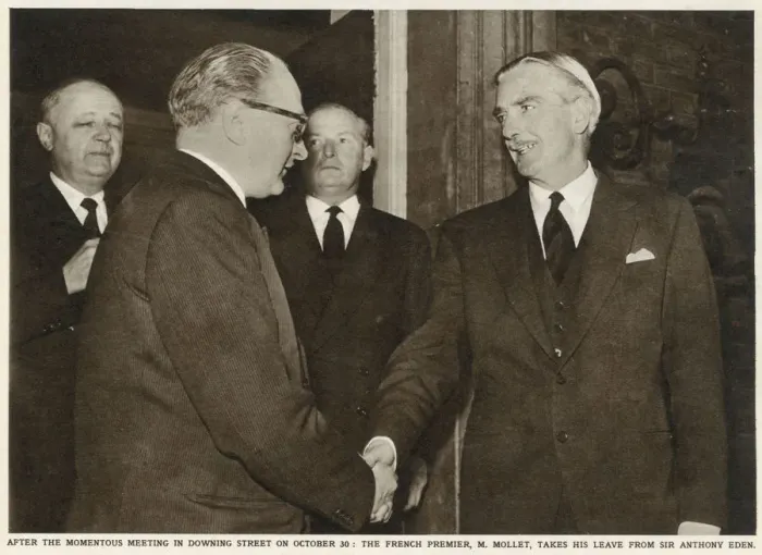 Framed Print : Sir Anthony Eden (right) shakes hands with French Premier Guy Alcide Mollet (1905-1975 Framed Print : Sir Anthony Eden (right) shakes hands with French Premier Guy Alcide Mollet (1905-1975