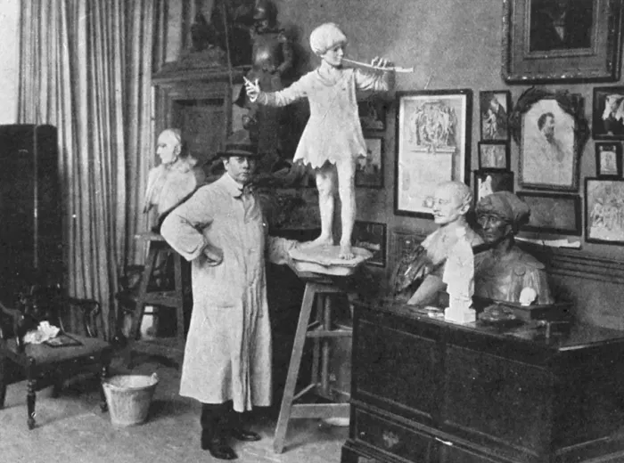Framed Print : Sir George Frampton in studio with Peter Pan statue Framed Print : Sir George Frampton in studio with Peter Pan statue