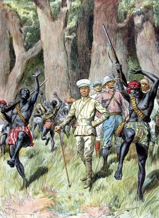Framed Print : Sir Henry Morton Stanley and his men exit a forest, Central Framed Print : Sir Henry Morton Stanley and his men exit a forest, Central