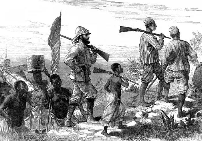 Framed Print : Sir Henry Morton Stanley and his retinue in Central Africa Framed Print : Sir Henry Morton Stanley and his retinue in Central Africa