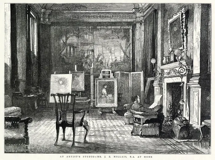 Framed Print : Sir John Everett Millais (1829 - 1896), Pre-Raphaelite artist, relaxing in his studio Date: 1877 Framed Print : Sir John Everett Millais (1829 - 1896), Pre-Raphaelite artist, relaxing in his studio Date: 1877