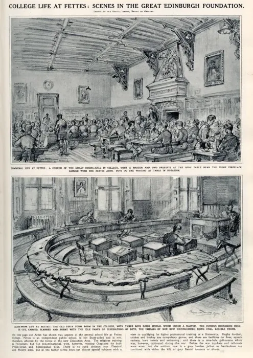 Framed Print : Sketch by Bryan de Grineau showing the great dining-hall at Fettes College, Edinburgh
