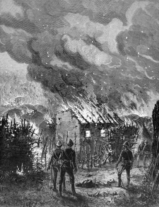 Framed Print : Sketch by ILN special artist, Melton Prior. British troops in tropical helmets survey the destruction by fire of the house of Cetshwayo, King of the Zulus, at the end of Framed Print : Sketch by ILN special artist, Melton Prior. British troops in tropical helmets survey the destruction by fire of the house of Cetshwayo, King of the Zulus, at the end of