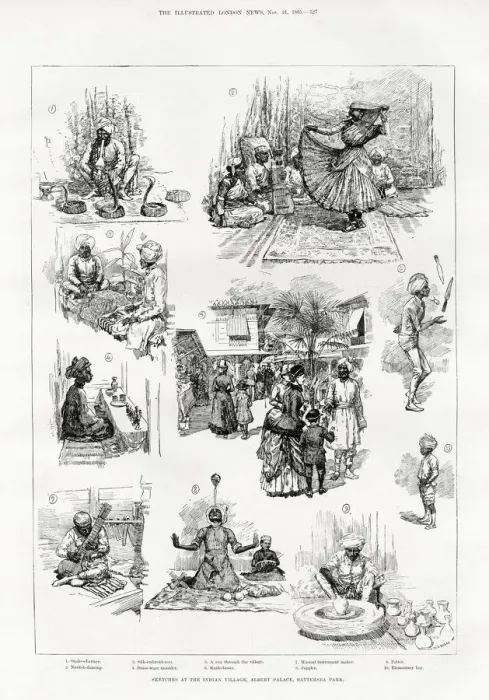 Framed Print : Sketches at the Albert Palace, Battersea showing the Indian village with various traditional arts Framed Print : Sketches at the Albert Palace, Battersea showing the Indian village with various traditional arts