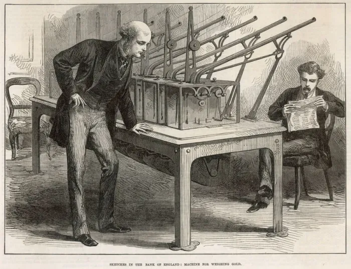 Framed Print : Sketches in the Bank of England. Machine for weighing coins Framed Print : Sketches in the Bank of England. Machine for weighing coins