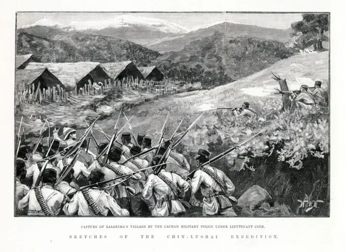 Framed Print : Sketches of the Chin-Lushai expedition. Capture of Lalshimas village by the Cachar Framed Print : Sketches of the Chin-Lushai expedition. Capture of Lalshimas village by the Cachar
