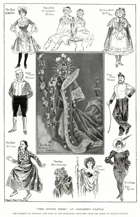 Framed Print : Sketches by Ralph Cleaver of principals taking part in the pantomime Red Riding Hood at Anglesey Castle. Central is Henry Cyril Paget, 5th Marquis of Anglesey as Boy Blue Framed Print : Sketches by Ralph Cleaver of principals taking part in the pantomime Red Riding Hood at Anglesey Castle. Central is Henry Cyril Paget, 5th Marquis of Anglesey as Boy Blue
