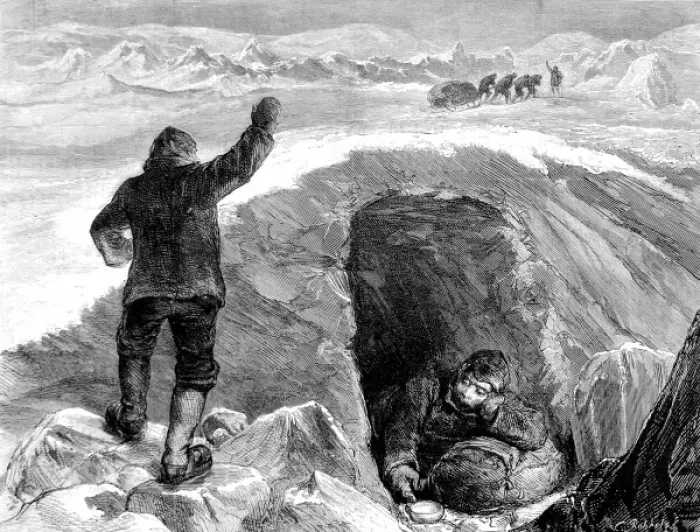 Framed Print : Sledge party leaving an invalid in an ice cave, British Arct Framed Print : Sledge party leaving an invalid in an ice cave, British Arct