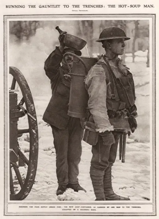 Framed Print : Soldier carrying hot soup to trenches, World War One Framed Print : Soldier carrying hot soup to trenches, World War One