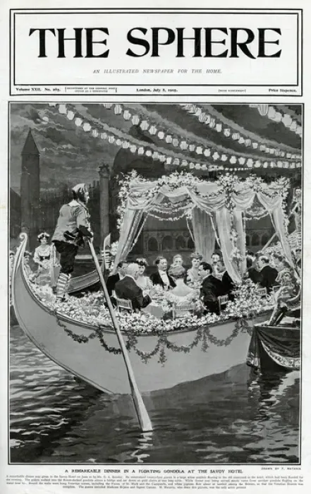 Framed Print : Sphere cover - floating gondola at the Savoy by Matania Framed Print : Sphere cover - floating gondola at the Savoy by Matania